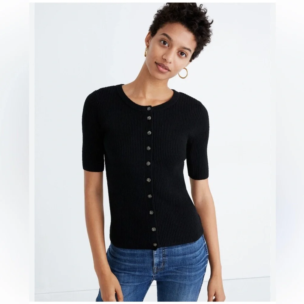 Madewell Hester Short-Sleeve Cardigan Sweater Ribbed Knit True Black size Small - Picture 1 of 7